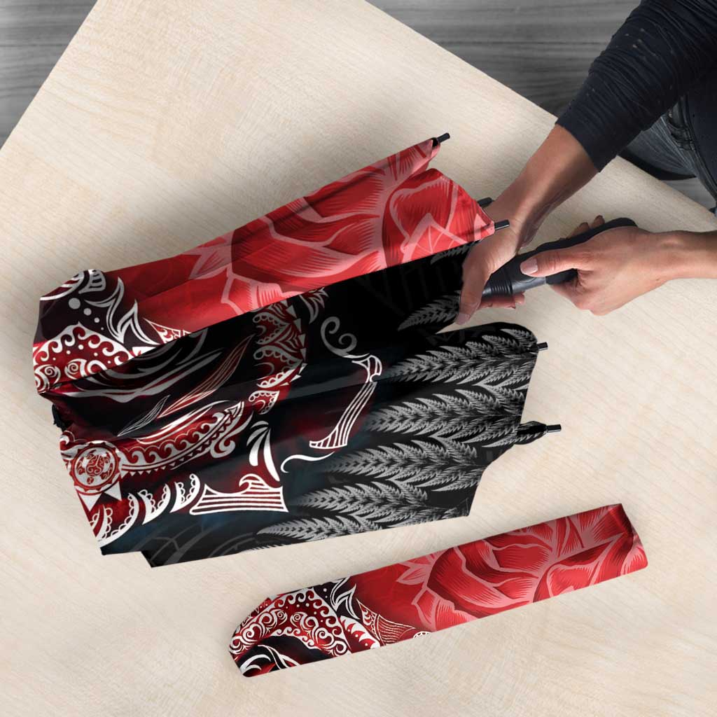 New Zealand And England Rugby Umbrella Red Rose Mix Maori Pattern - Polynesian Pride