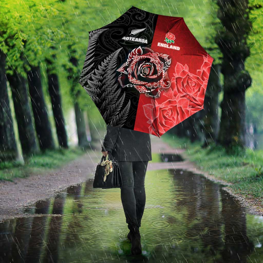 New Zealand And England Rugby Umbrella Red Rose Mix Maori Pattern - Polynesian Pride