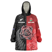 New Zealand And England Rugby Custom Wearable Blanket Hoodie Red Rose Mix Maori Pattern - Polynesian Pride