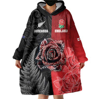New Zealand And England Rugby Custom Wearable Blanket Hoodie Red Rose Mix Maori Pattern - Polynesian Pride
