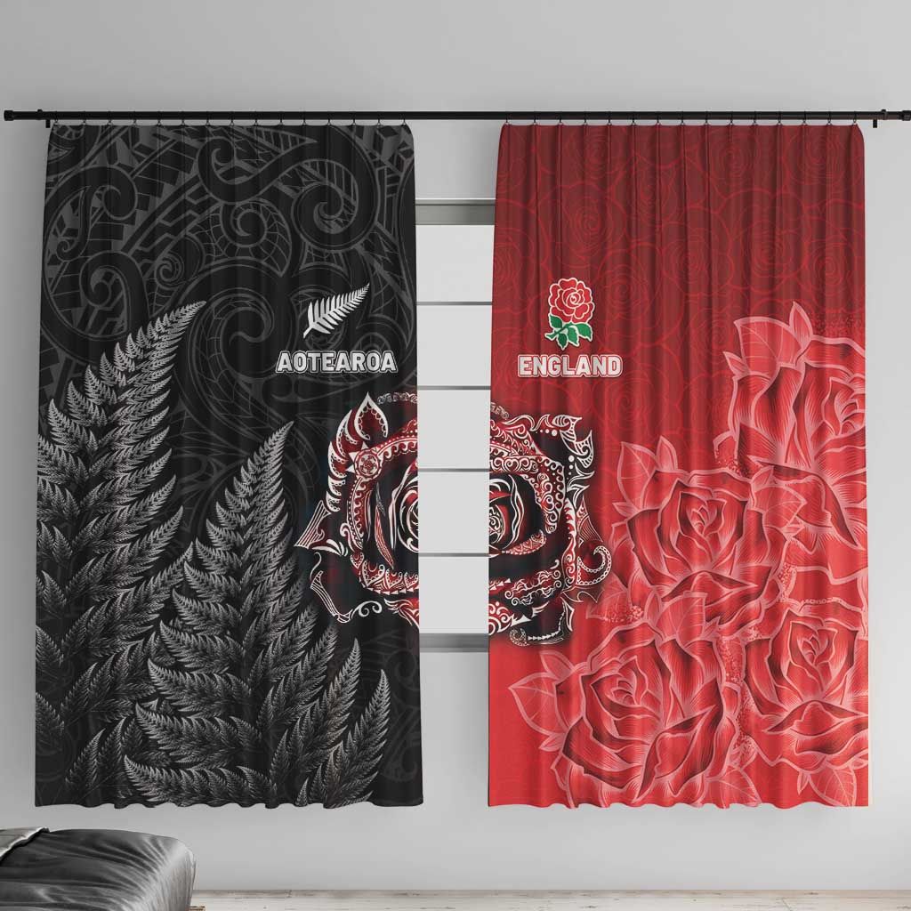 New Zealand And England Rugby Window Curtain Red Rose Mix Maori Pattern - Polynesian Pride