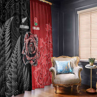 New Zealand And England Rugby Window Curtain Red Rose Mix Maori Pattern - Polynesian Pride