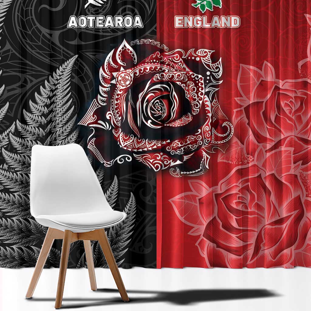 New Zealand And England Rugby Window Curtain Red Rose Mix Maori Pattern - Polynesian Pride