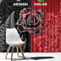 New Zealand And England Rugby Window Curtain Red Rose Mix Maori Pattern - Polynesian Pride