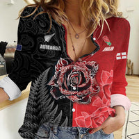 New Zealand And England Rugby Custom Women Casual Shirt Red Rose Mix Maori Pattern - Polynesian Pride
