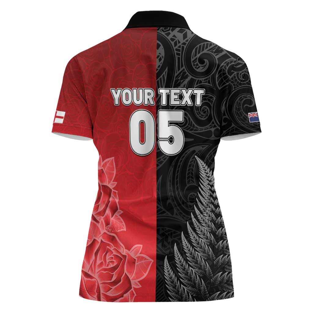 New Zealand And England Rugby Custom Women Polo Shirt Red Rose Mix Maori Pattern - Polynesian Pride