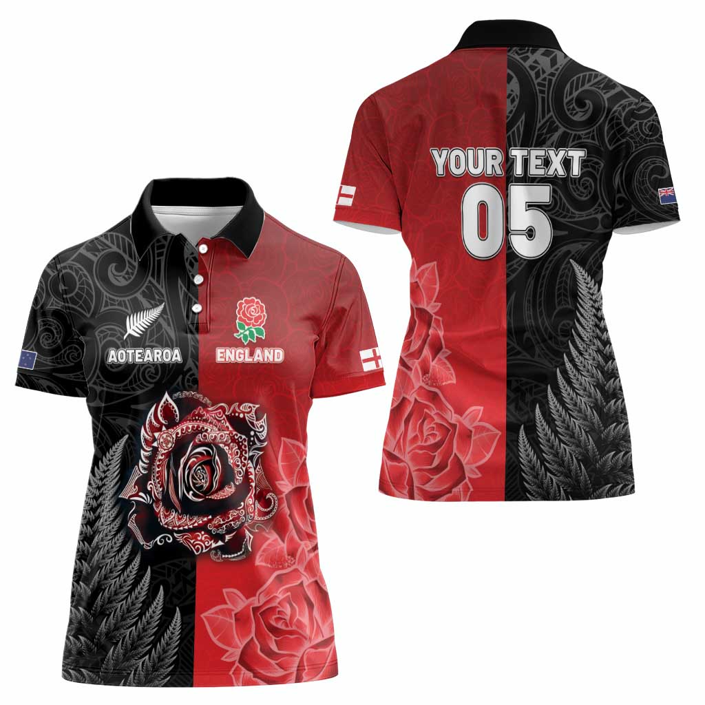 New Zealand And England Rugby Custom Women Polo Shirt Red Rose Mix Maori Pattern - Polynesian Pride
