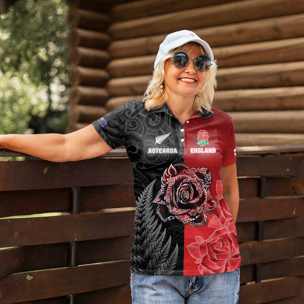 New Zealand And England Rugby Custom Women Polo Shirt Red Rose Mix Maori Pattern - Polynesian Pride