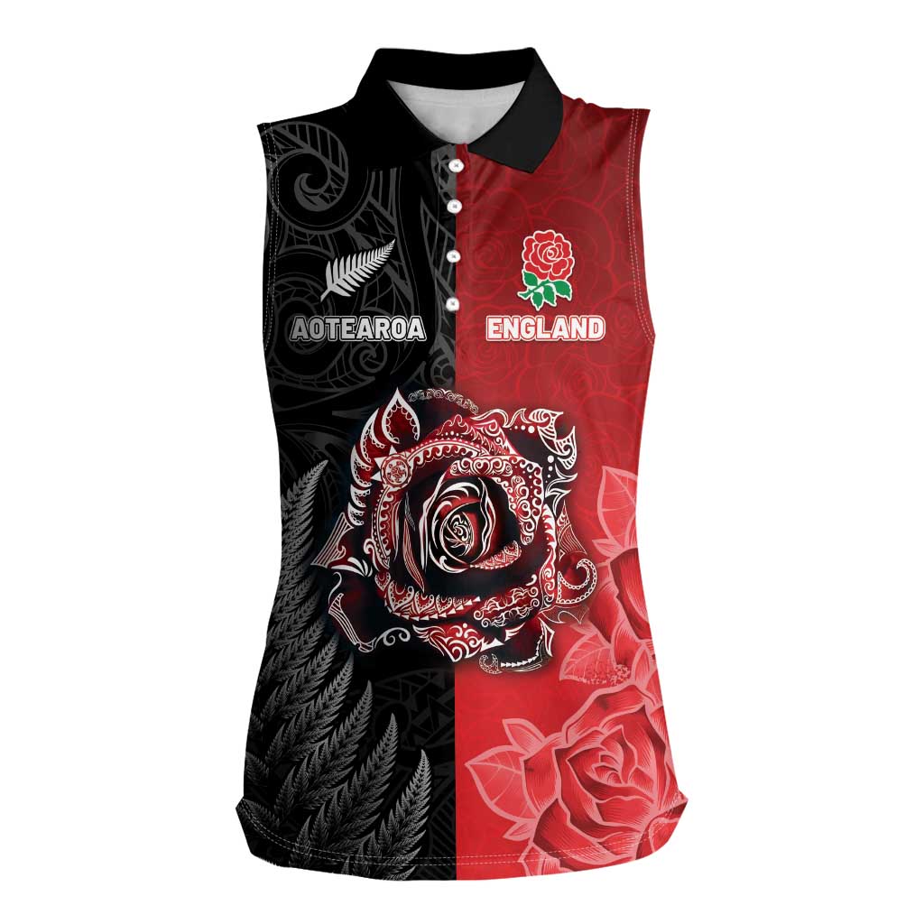 New Zealand And England Rugby Custom Women Sleeveless Polo Shirt Red Rose Mix Maori Pattern - Polynesian Pride