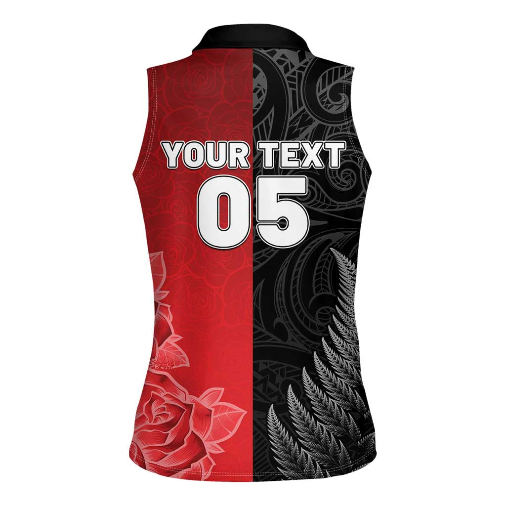 New Zealand And England Rugby Custom Women Sleeveless Polo Shirt Red Rose Mix Maori Pattern - Polynesian Pride