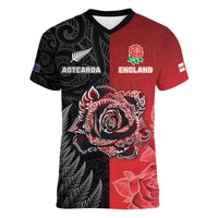 New Zealand And England Rugby Custom Women V-Neck T-Shirt Red Rose Mix Maori Pattern - Polynesian Pride