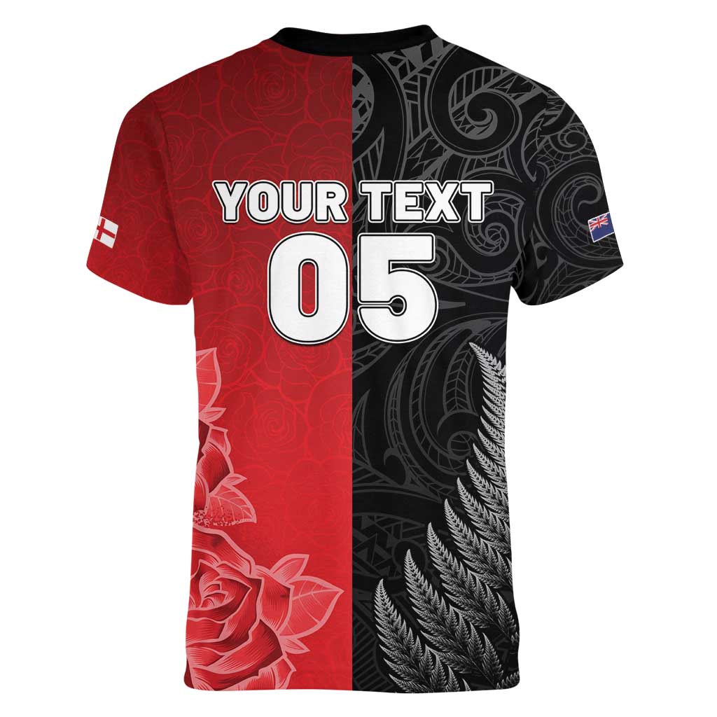 New Zealand And England Rugby Custom Women V-Neck T-Shirt Red Rose Mix Maori Pattern - Polynesian Pride