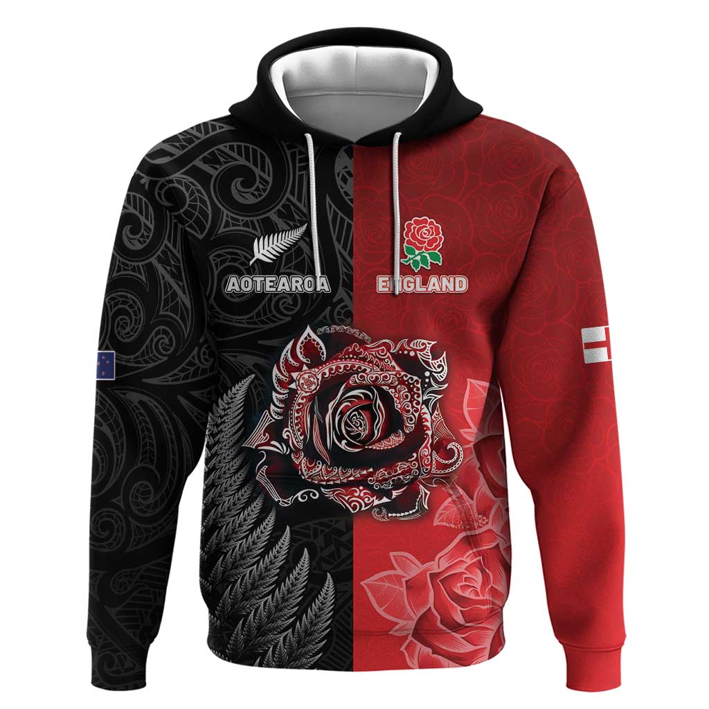 New Zealand And England Rugby Custom Zip Hoodie Red Rose Mix Maori Pattern - Polynesian Pride