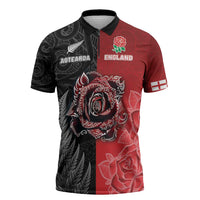 New Zealand And England Rugby Custom Zipper Polo Shirt Red Rose Mix Maori Pattern - Polynesian Pride