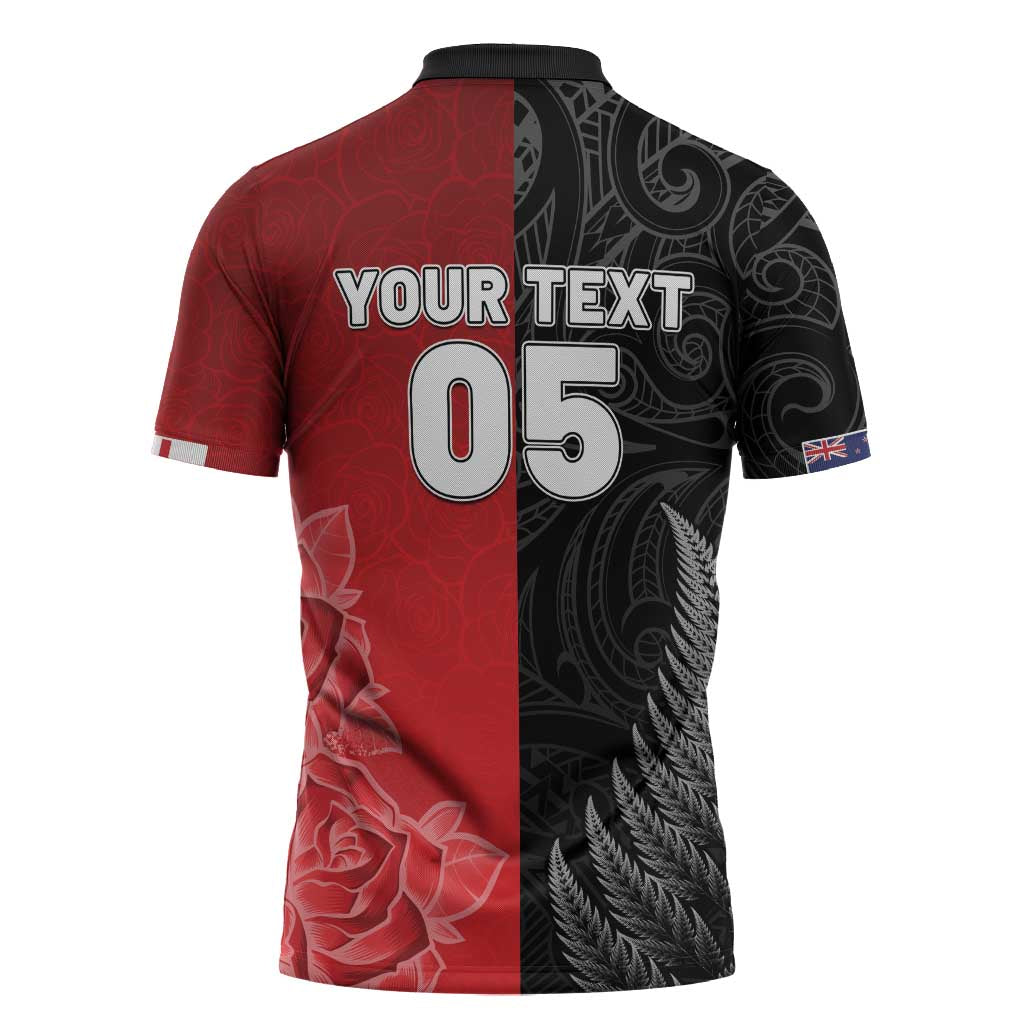 New Zealand And England Rugby Custom Zipper Polo Shirt Red Rose Mix Maori Pattern - Polynesian Pride