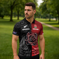New Zealand And England Rugby Custom Zipper Polo Shirt Red Rose Mix Maori Pattern - Polynesian Pride