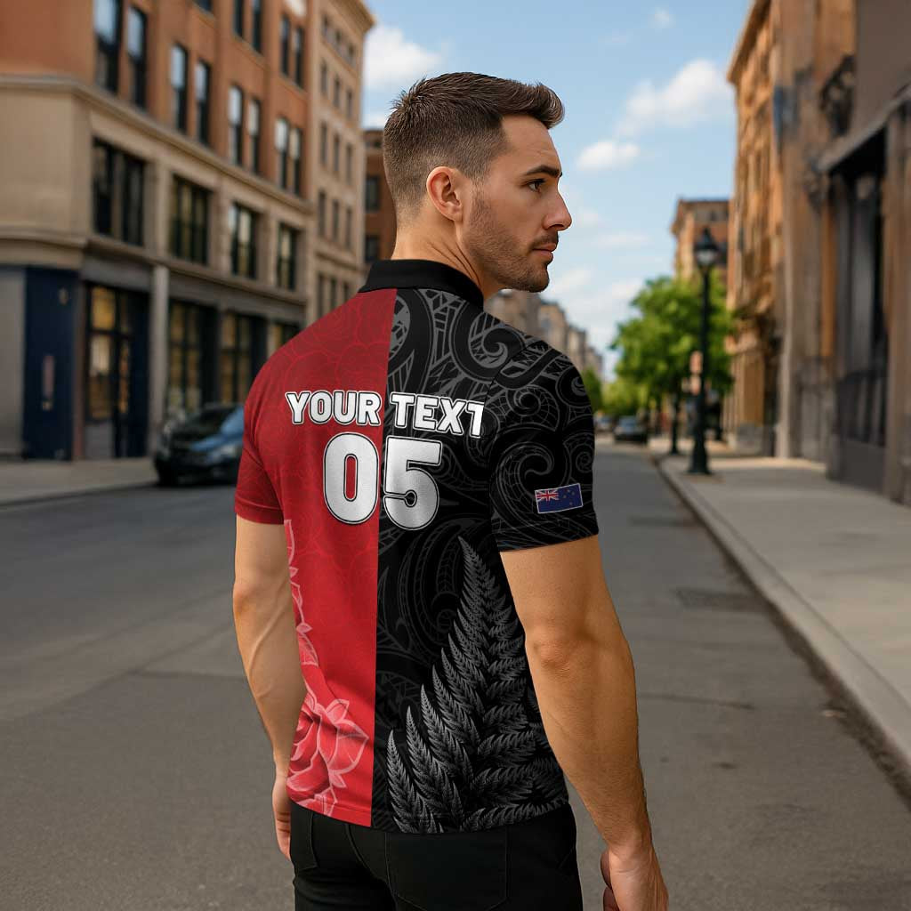 New Zealand And England Rugby Custom Zipper Polo Shirt Red Rose Mix Maori Pattern - Polynesian Pride