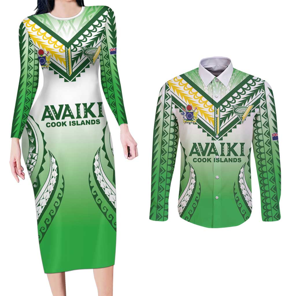 Custom Cook Islands Avaiki Rugby Couples Matching Long Sleeve Bodycon Dress and Long Sleeve Button Shirt Go Champions - Polynesian Pride