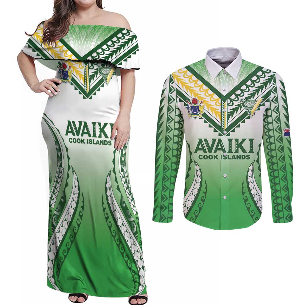 Custom Cook Islands Avaiki Rugby Couples Matching Off Shoulder Maxi Dress and Long Sleeve Button Shirt Go Champions - Polynesian Pride