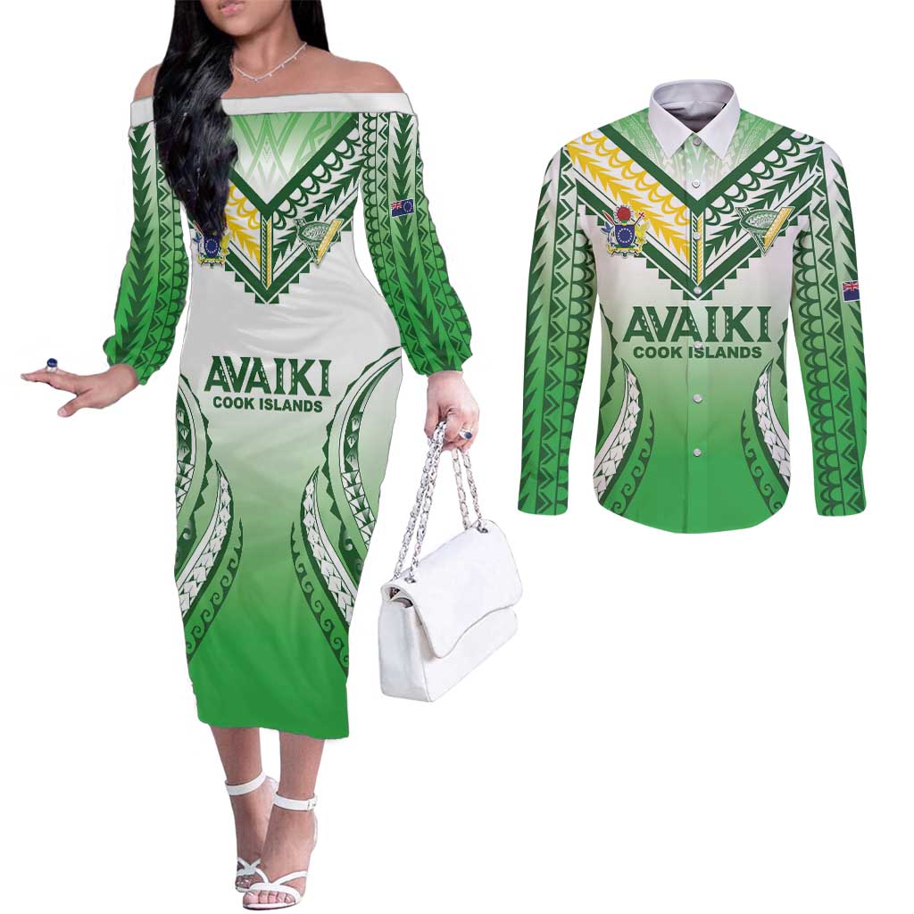 Custom Cook Islands Avaiki Rugby Couples Matching Off The Shoulder Long Sleeve Dress and Long Sleeve Button Shirt Go Champions - Polynesian Pride