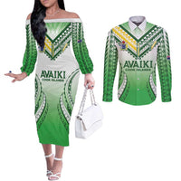 Custom Cook Islands Avaiki Rugby Couples Matching Off The Shoulder Long Sleeve Dress and Long Sleeve Button Shirt Go Champions - Polynesian Pride