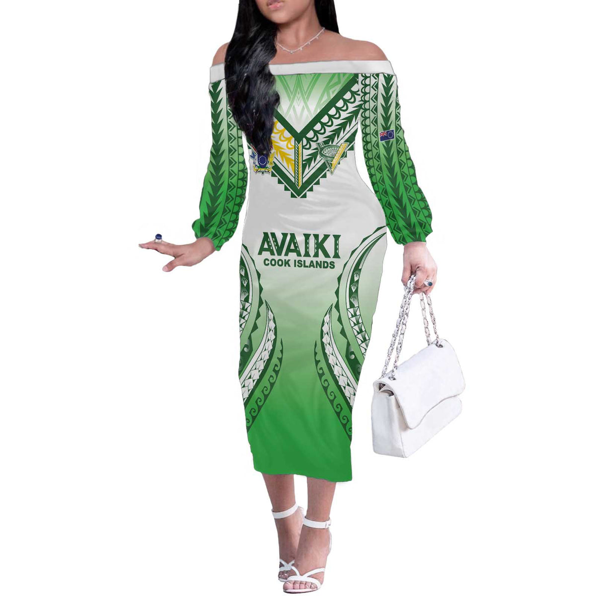 Custom Cook Islands Avaiki Rugby Off The Shoulder Long Sleeve Dress Go Champions - Polynesian Pride