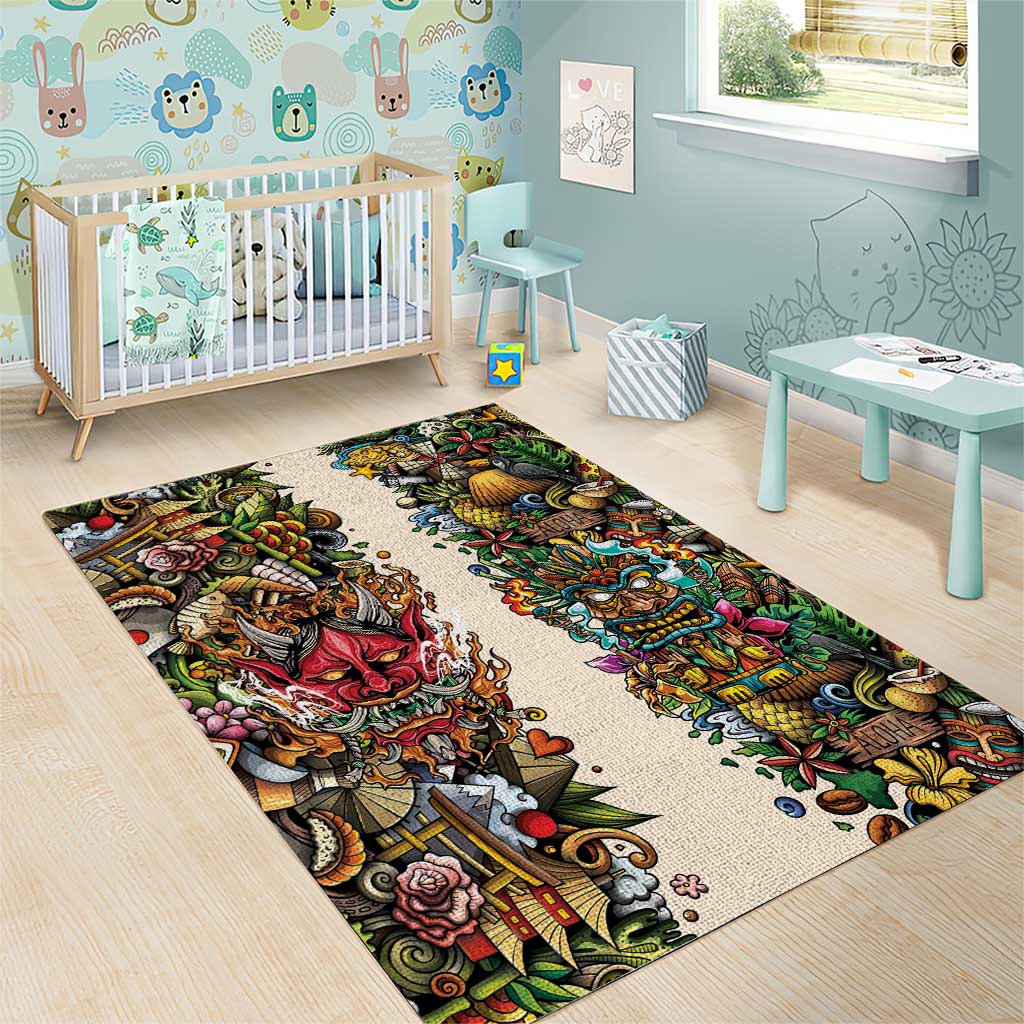 Hawaii And Japan Area Rug Tiki With Oni Mask - Polynesian Pride