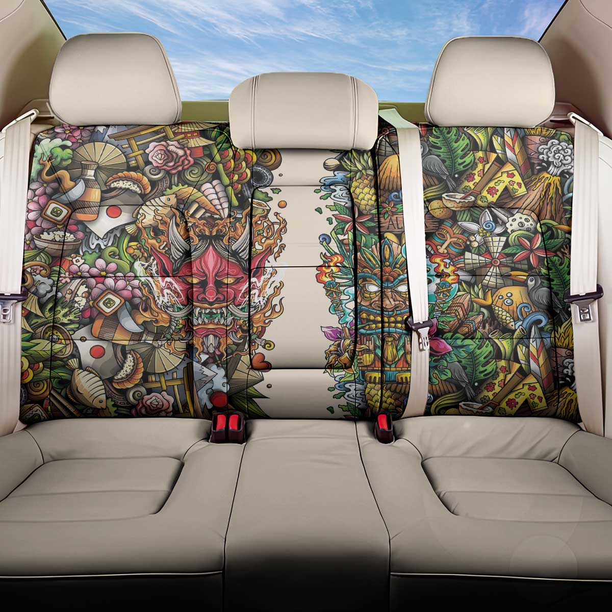 Hawaii And Japan Back Car Seat Cover Tiki With Oni Mask LT05 One Size Colorful - Polynesian Pride
