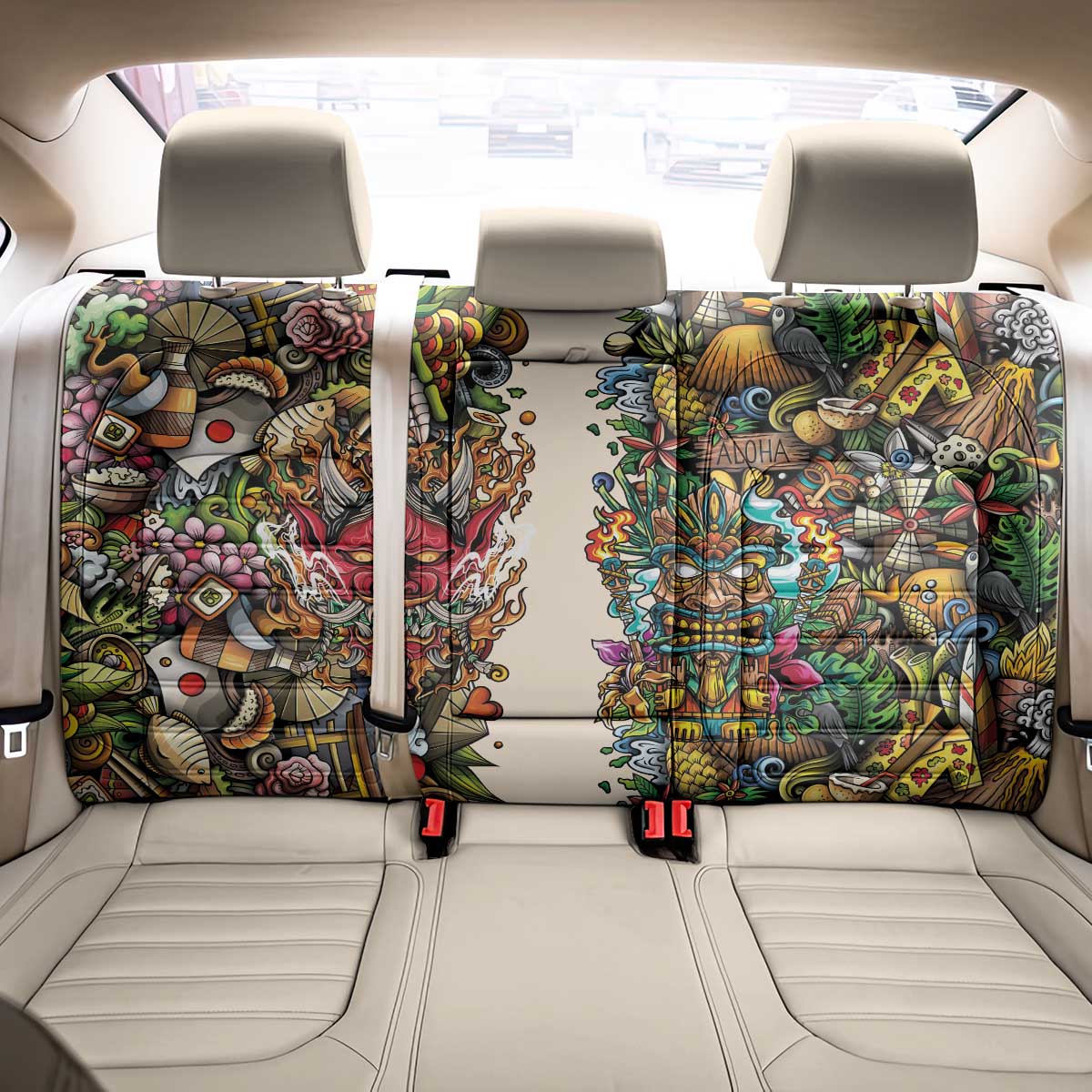 Hawaii And Japan Back Car Seat Cover Tiki With Oni Mask LT05 - Polynesian Pride
