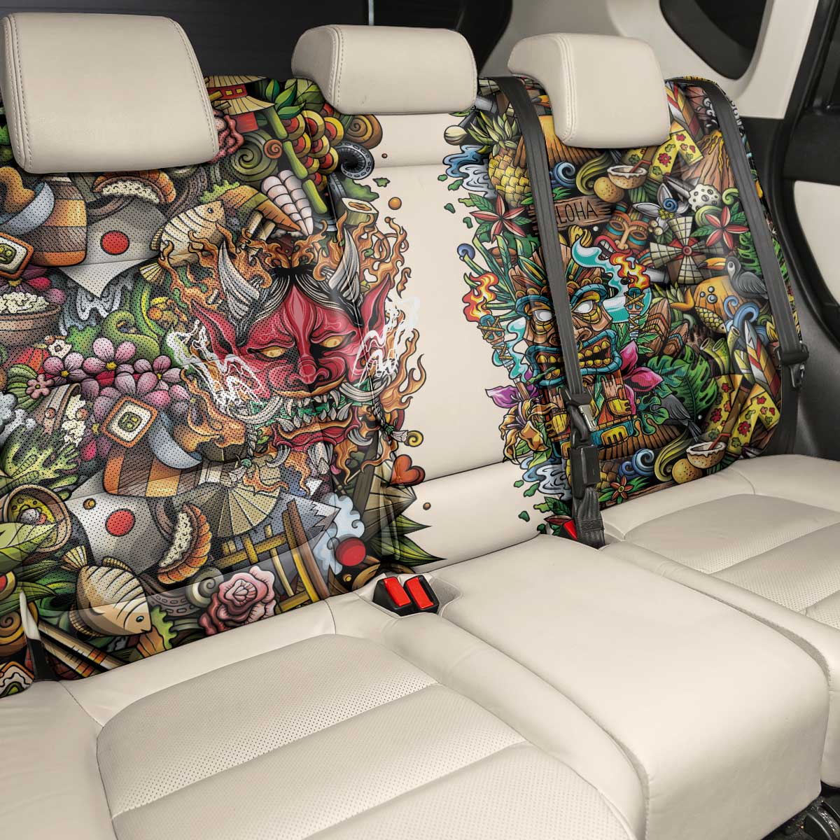 Hawaii And Japan Back Car Seat Cover Tiki With Oni Mask LT05 - Polynesian Pride