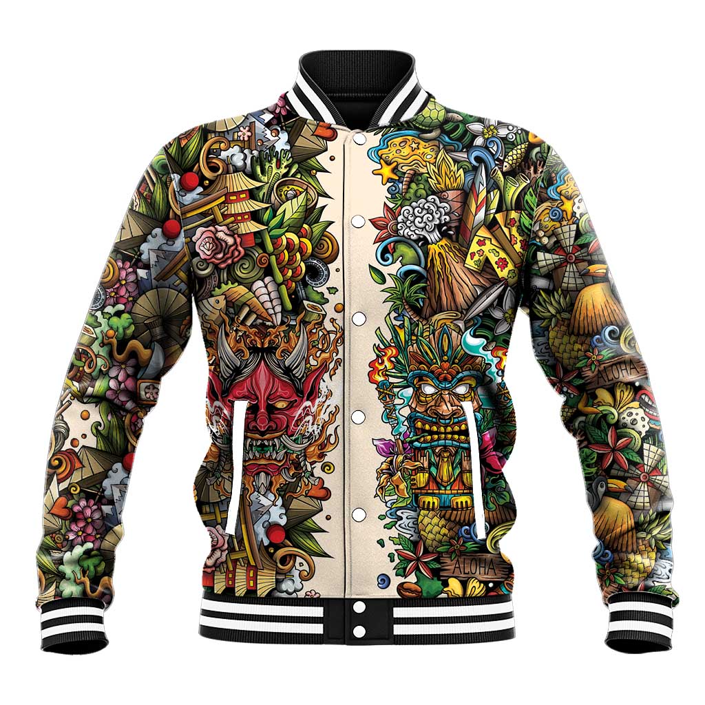 Hawaii And Japan Baseball Jacket Tiki With Oni Mask LT05 Unisex Colorful - Polynesian Pride