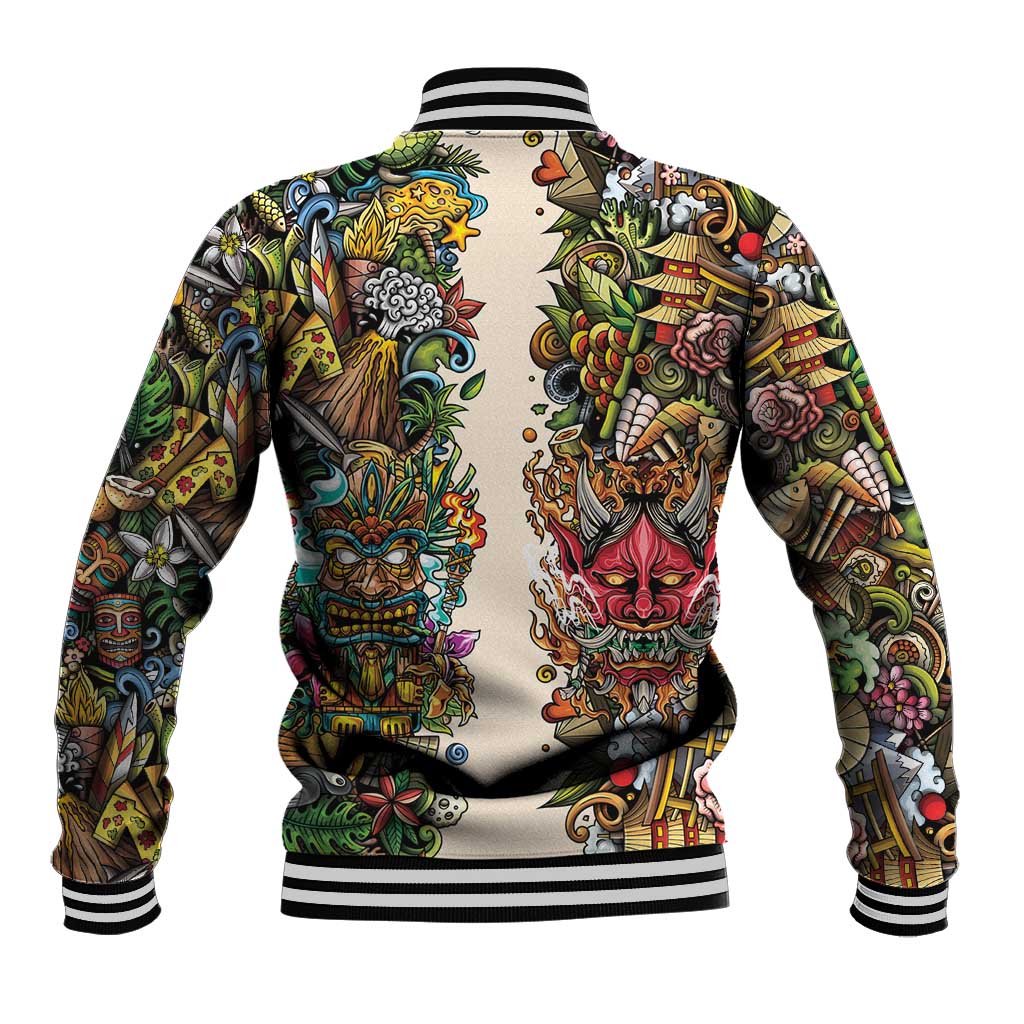 Hawaii And Japan Baseball Jacket Tiki With Oni Mask LT05 - Polynesian Pride