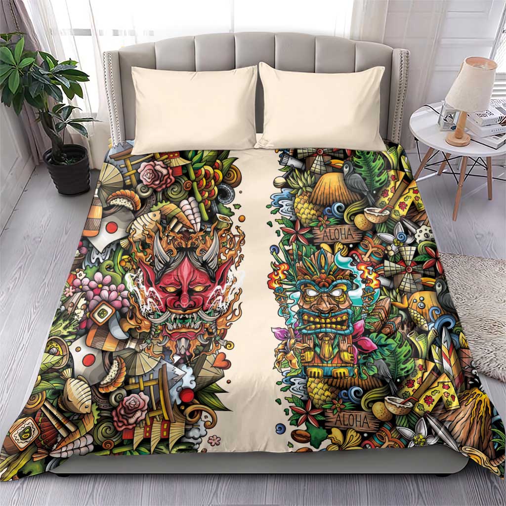 Hawaii And Japan Bedding Set Tiki With Oni Mask - Polynesian Pride