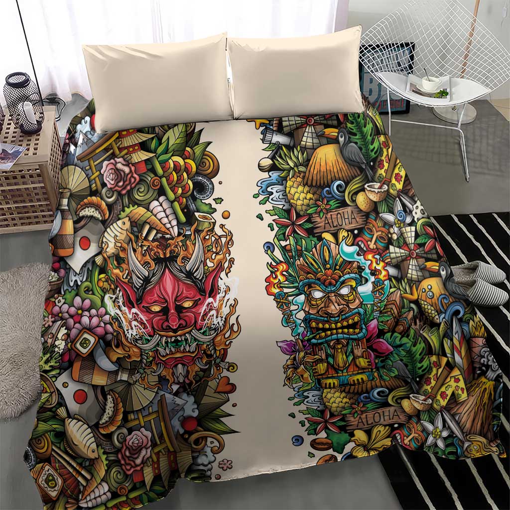 Hawaii And Japan Bedding Set Tiki With Oni Mask - Polynesian Pride