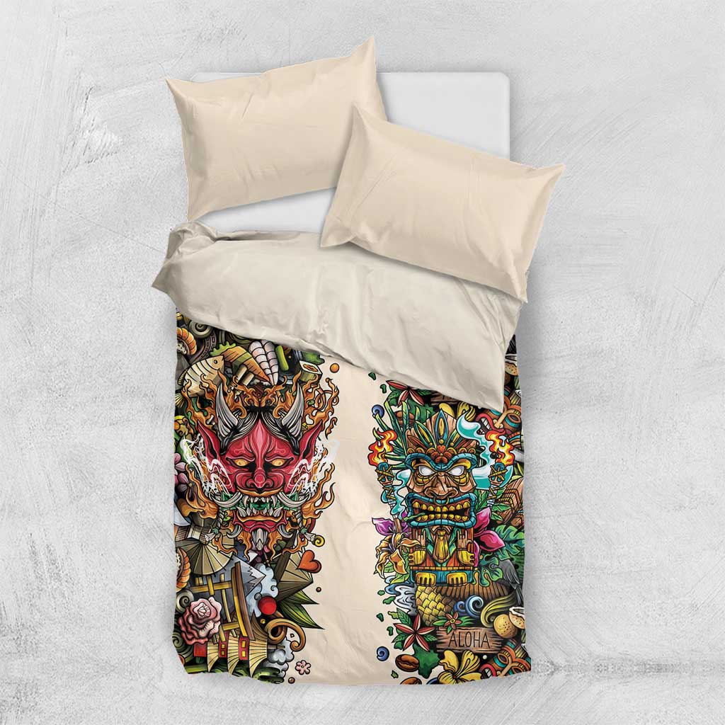 Hawaii And Japan Bedding Set Tiki With Oni Mask - Polynesian Pride