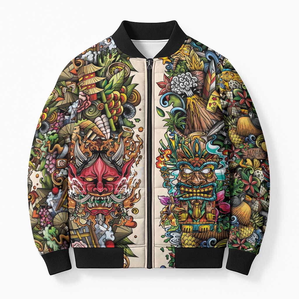 Hawaii And Japan Bomber Puffer Jacket Tiki With Oni Mask LT05 Unisex Colorful - Polynesian Pride