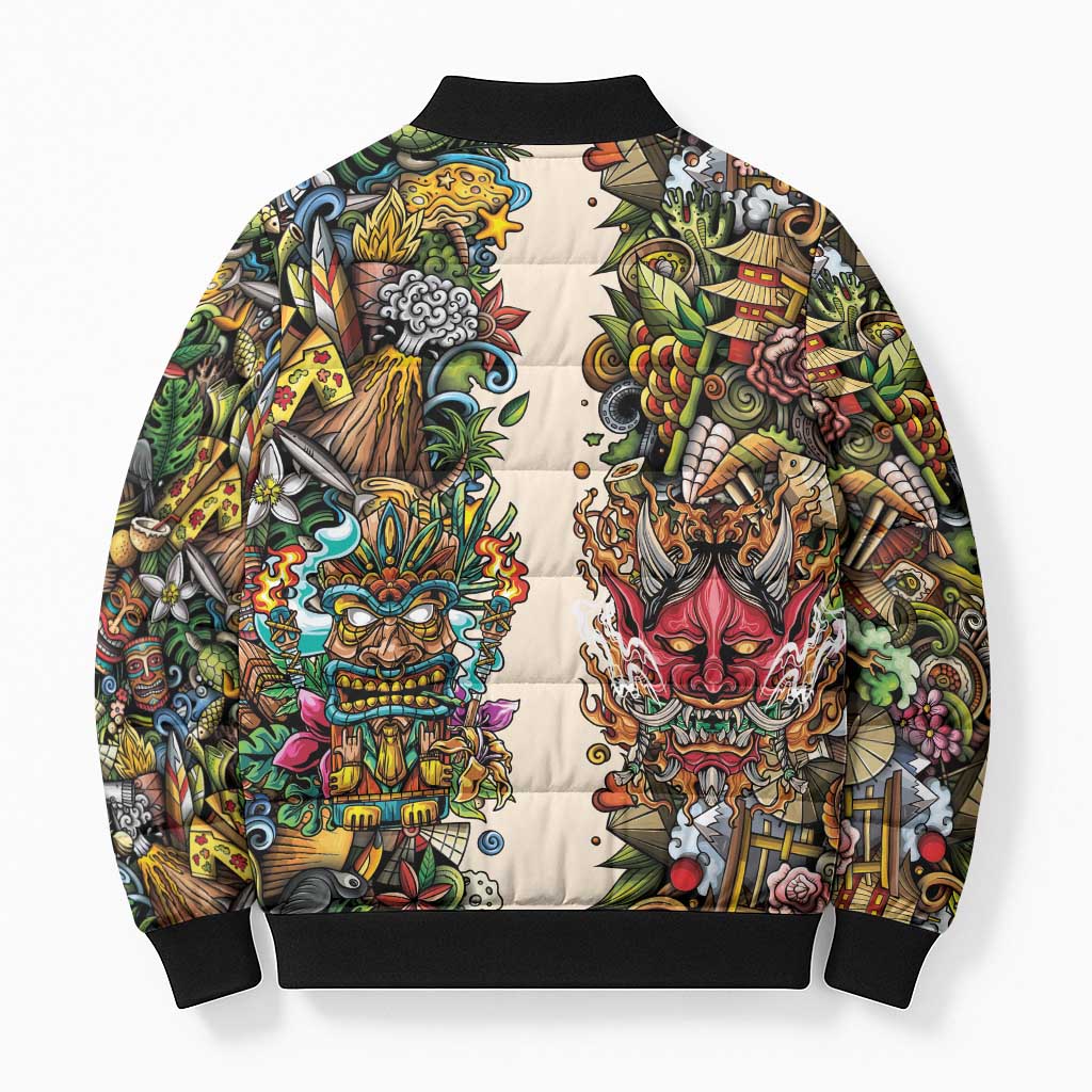 Hawaii And Japan Bomber Puffer Jacket Tiki With Oni Mask LT05 - Polynesian Pride