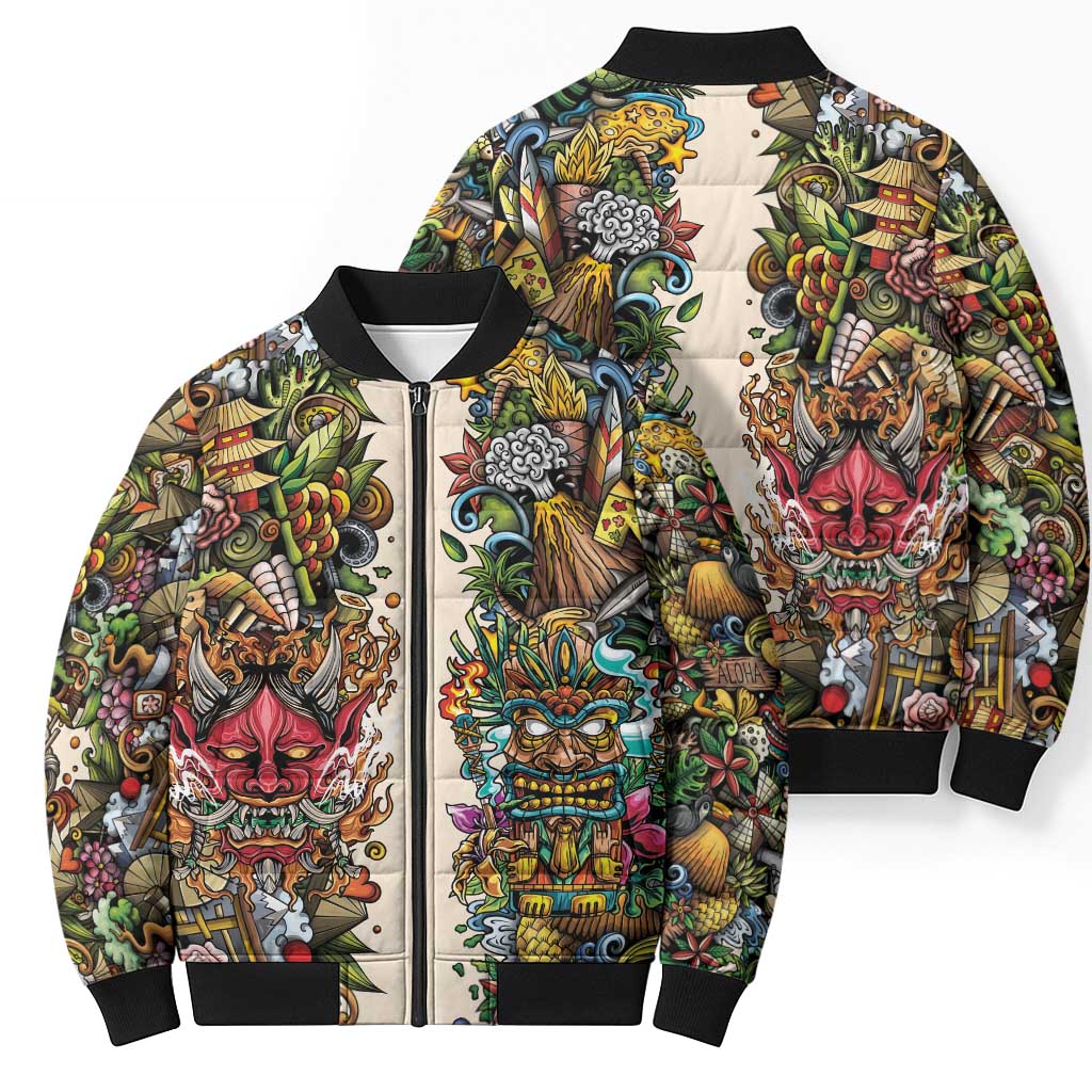 Hawaii And Japan Bomber Puffer Jacket Tiki With Oni Mask LT05 - Polynesian Pride