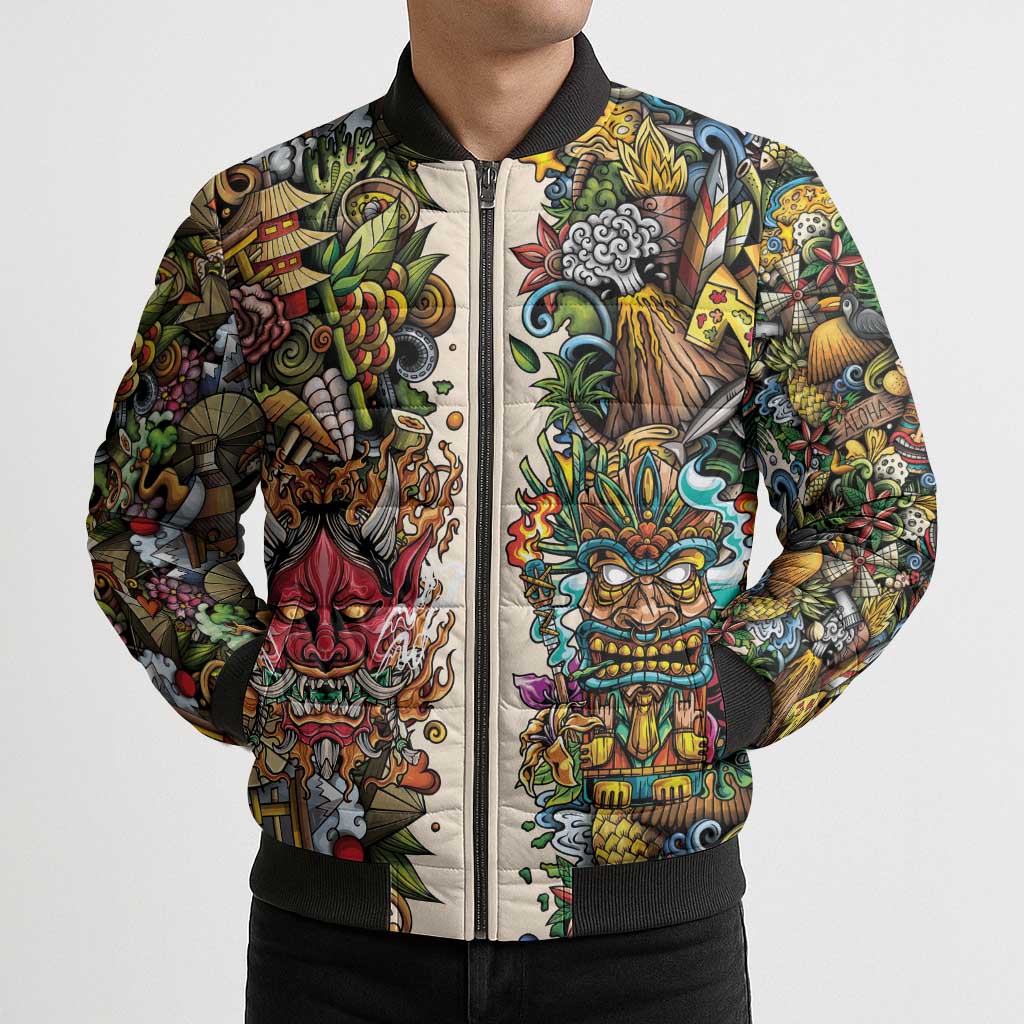 Hawaii And Japan Bomber Puffer Jacket Tiki With Oni Mask LT05 - Polynesian Pride