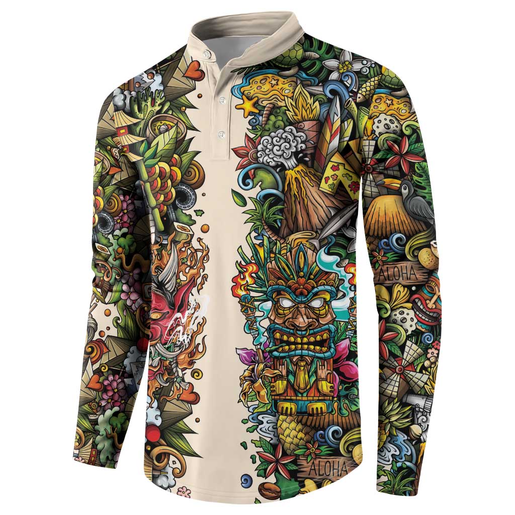 Hawaii And Japan Button Sweatshirt Tiki With Oni Mask LT05 - Polynesian Pride