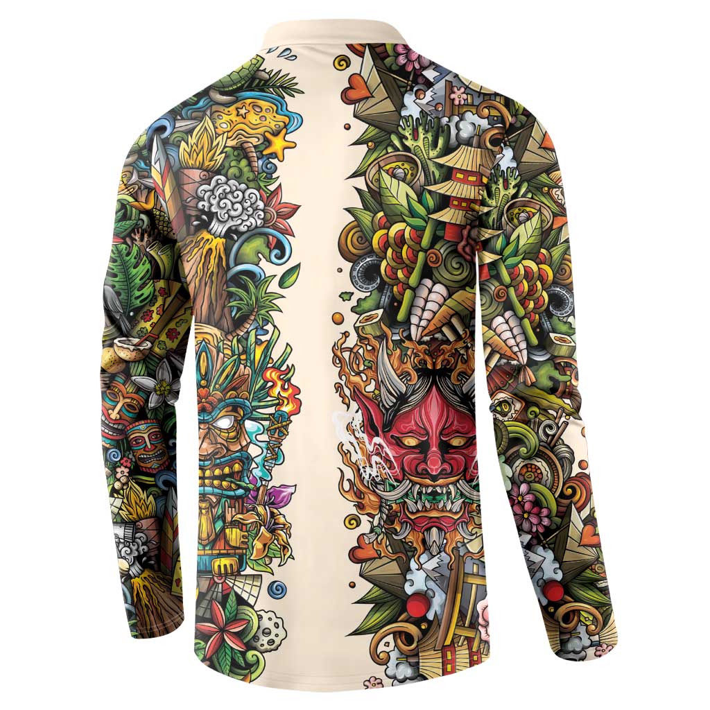 Hawaii And Japan Button Sweatshirt Tiki With Oni Mask LT05 - Polynesian Pride