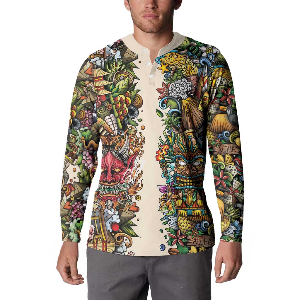 Hawaii And Japan Button Sweatshirt Tiki With Oni Mask LT05 - Polynesian Pride