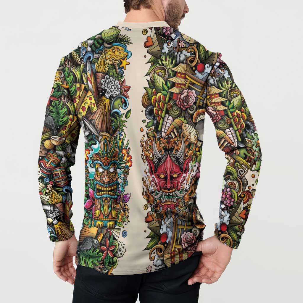 Hawaii And Japan Button Sweatshirt Tiki With Oni Mask LT05 - Polynesian Pride