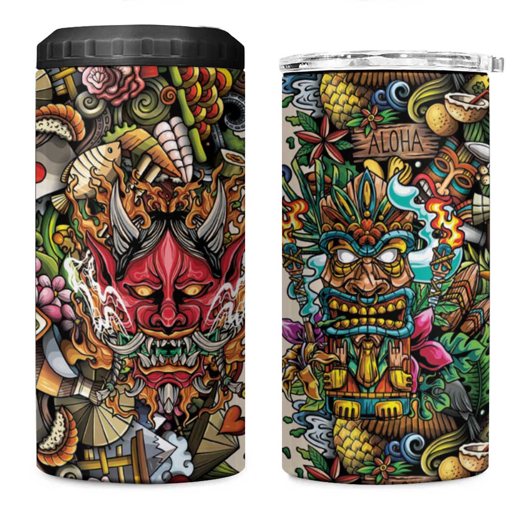 Hawaii And Japan 4 in 1 Can Cooler Tumbler Tiki With Oni Mask LT05 One Size: 16 oz Colorful - Polynesian Pride