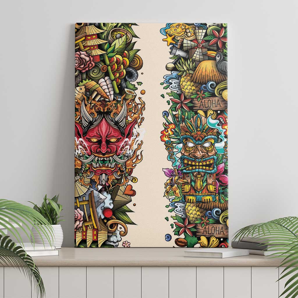 Hawaii And Japan Canvas Wall Art Tiki With Oni Mask - Polynesian Pride