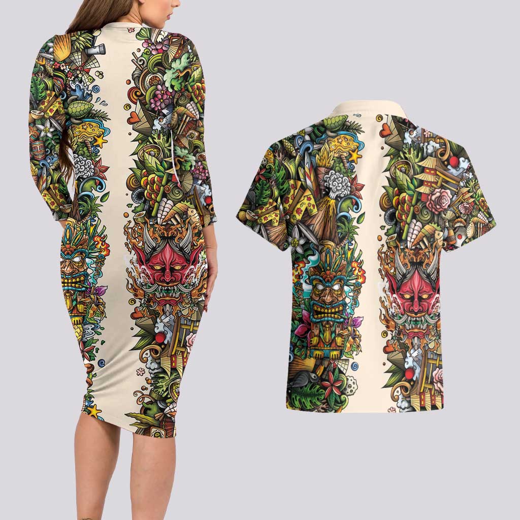 Hawaii And Japan Couples Matching Long Sleeve Bodycon Dress and Hawaiian Shirt Tiki With Oni Mask - Polynesian Pride