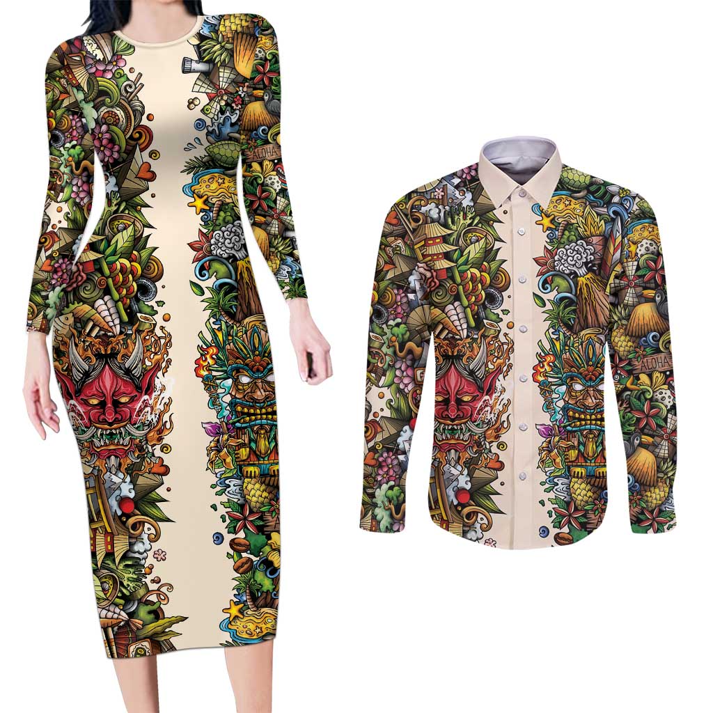 Hawaii And Japan Couples Matching Long Sleeve Bodycon Dress and Long Sleeve Button Shirt Tiki With Oni Mask - Polynesian Pride