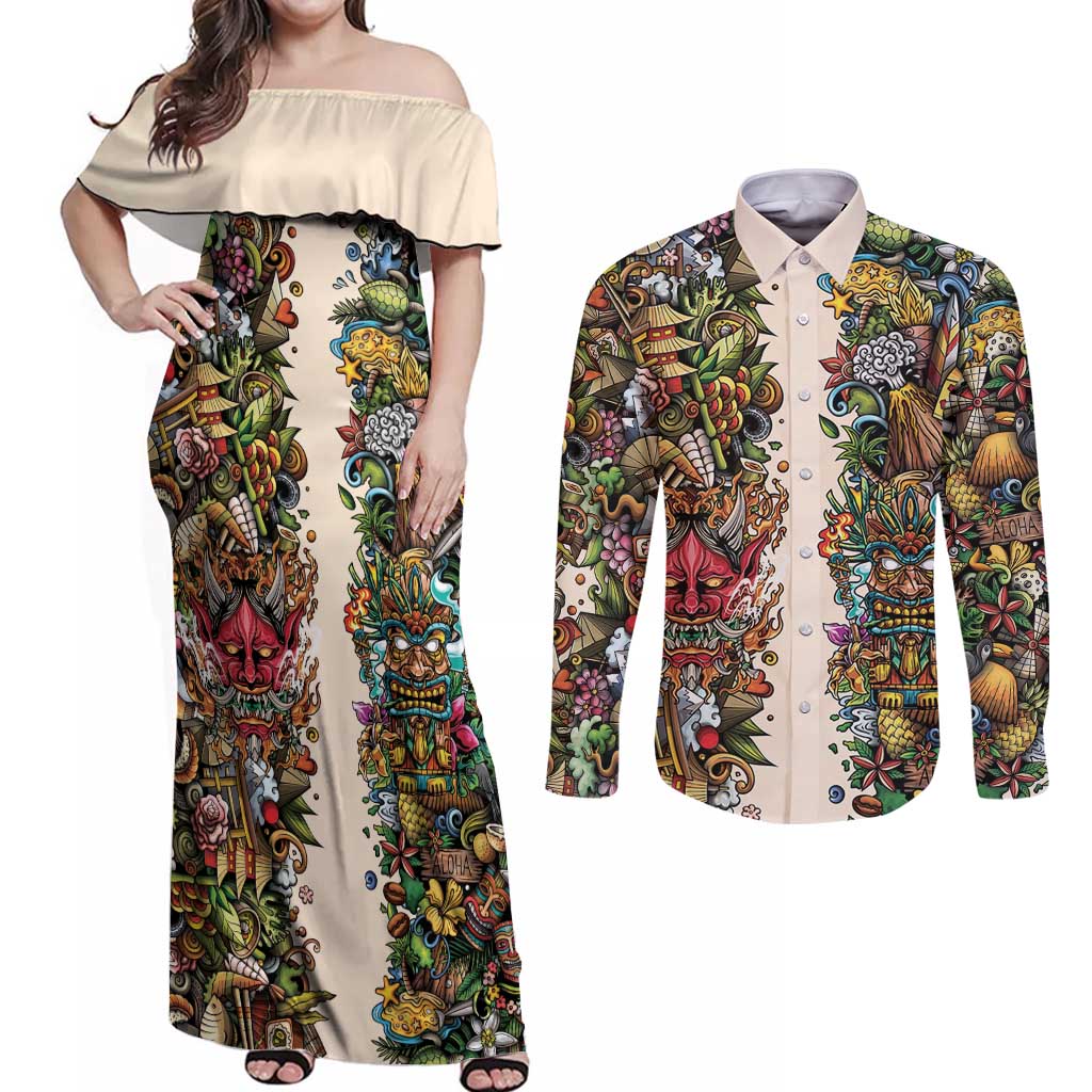 Hawaii And Japan Couples Matching Off Shoulder Maxi Dress and Long Sleeve Button Shirt Tiki With Oni Mask - Polynesian Pride