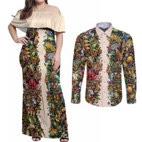 Hawaii And Japan Couples Matching Off Shoulder Maxi Dress and Long Sleeve Button Shirt Tiki With Oni Mask - Polynesian Pride