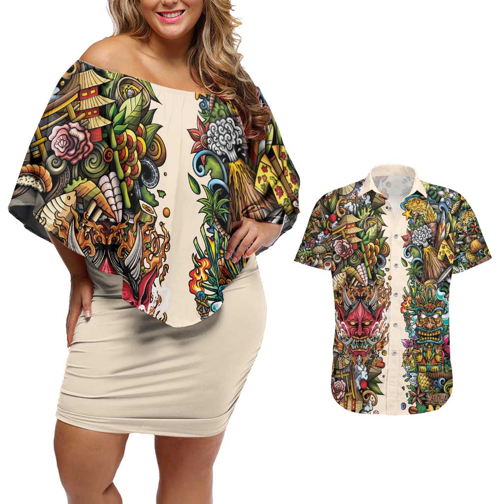 Hawaii And Japan Couples Matching Off Shoulder Short Dress and Hawaiian Shirt Tiki With Oni Mask - Polynesian Pride